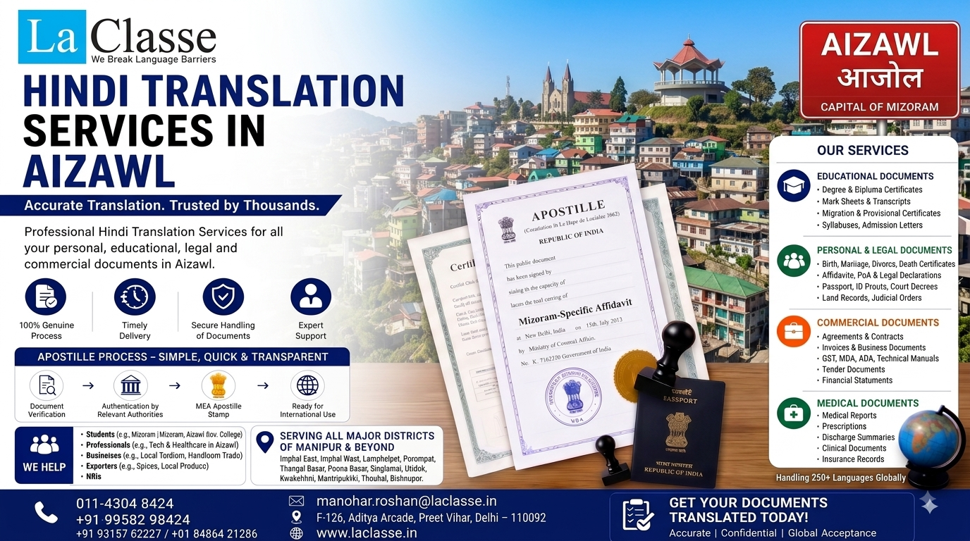 Hindi Translation Services in Aizawl for Certified, Legal & Document Translation